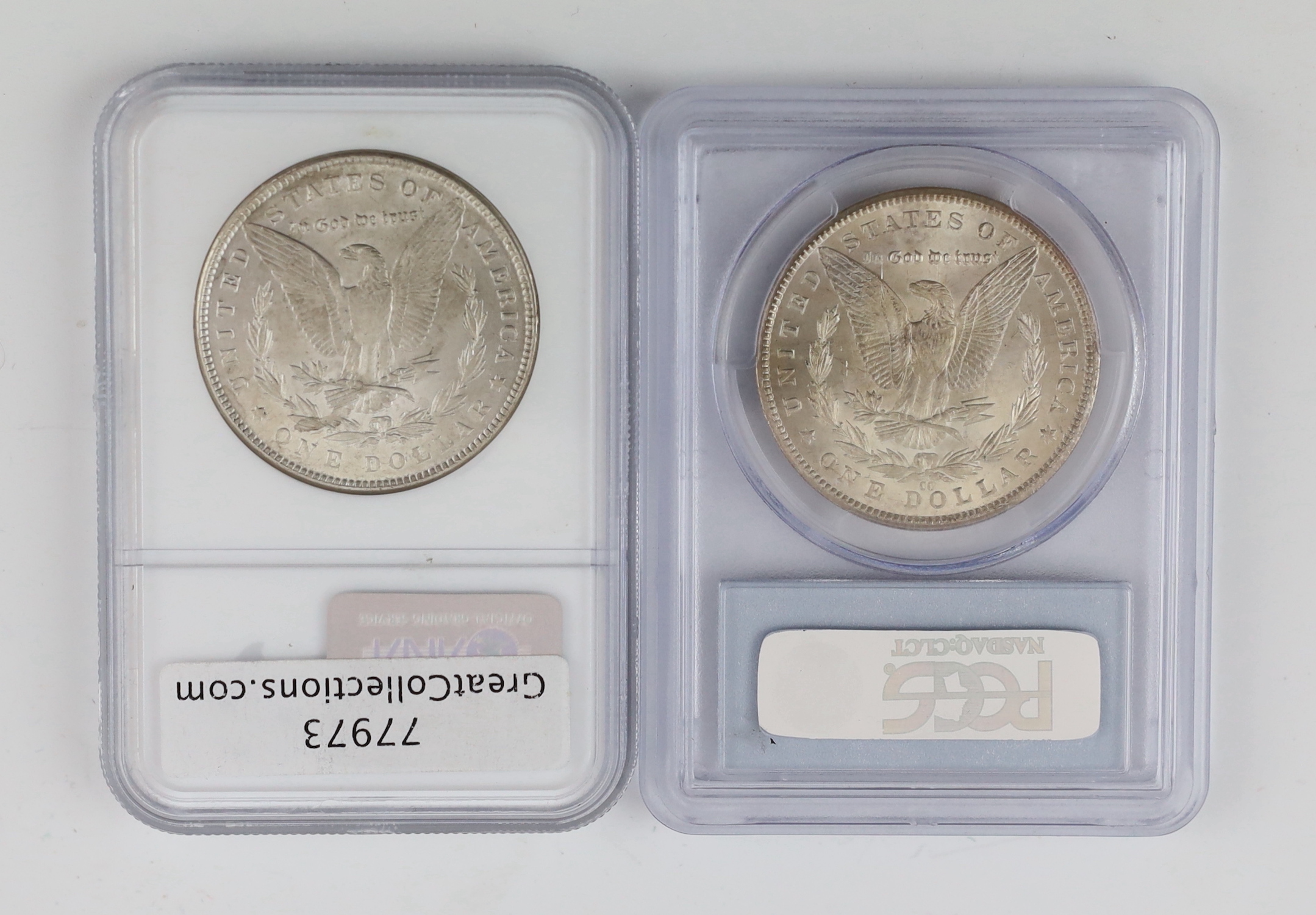 US coins, 1883-CC Morgan dollar, Carson City mint, PCGS sealed and graded MS64+ and 1889 Morgan dollar, ANA sealed and graded MS63